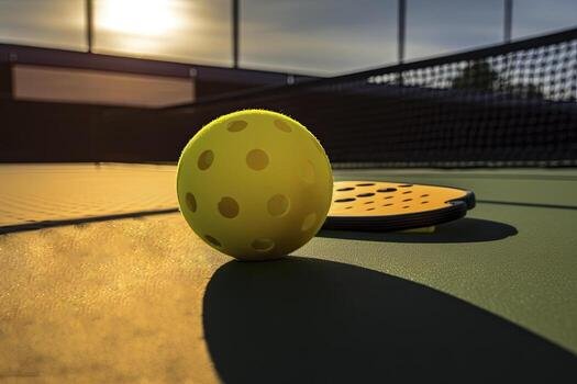 of a pickle ball and racquet on a pickle ball court generative ai free photo